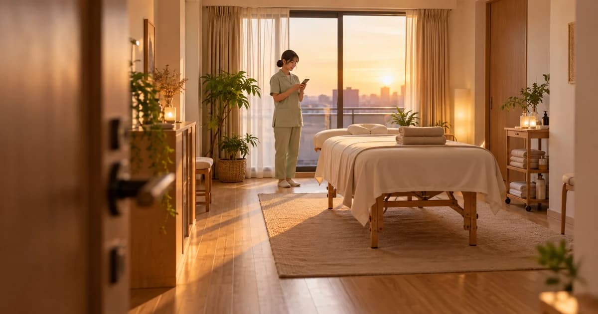夕日の入るマンションの一室で、整えた施術ベッドのそばに立ってスマホを見ている淡い緑の制服のセラピストを、開いたドア越しに遠くから