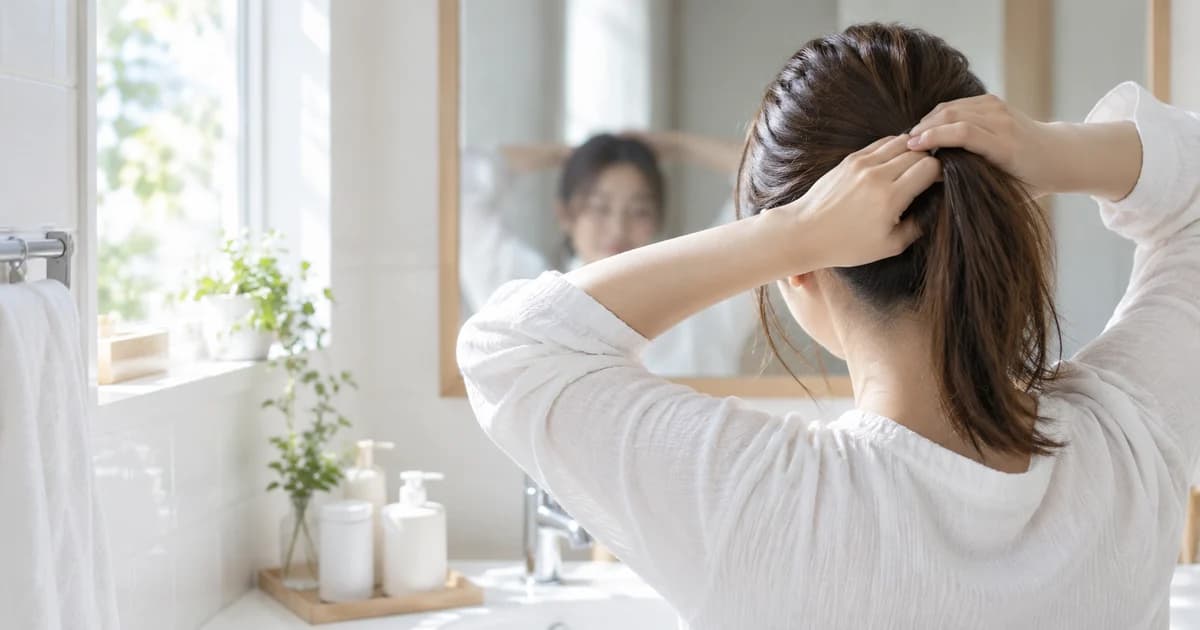 朝の光が入る洗面所で、鏡に向かって髪をひとつにまとめている女性の後ろ姿。鏡の中の顔はやわらかくぼけている