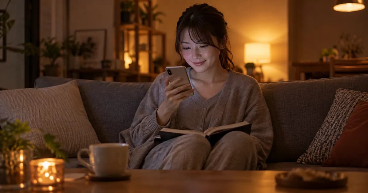 夜の自宅のソファで、膝の上に手帳を開いたまま、スマホの画面を見てほほえんでいる女性を、キャンドルとマグカップの置かれたローテーブル越しに正面から