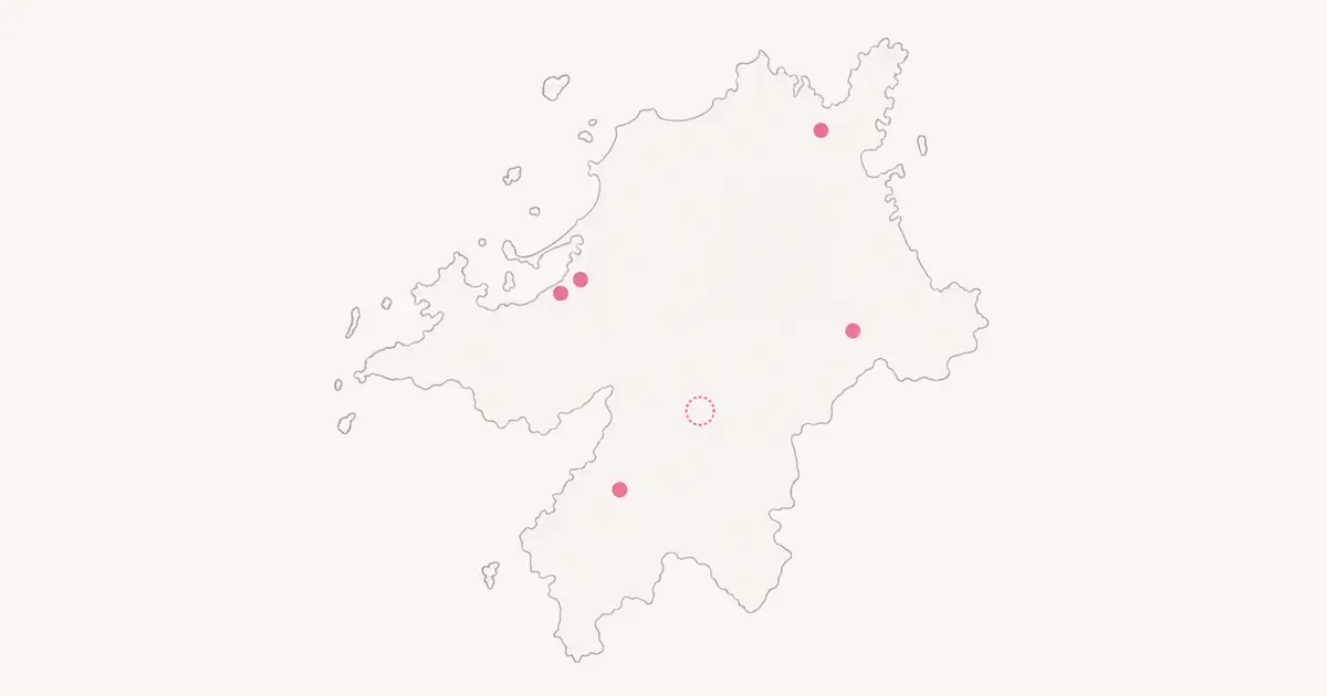 福岡県の簡略な地図の上に、博多・住吉、中洲・天神・薬院、北九州・小倉、久留米、福岡県その他、出張の六つの点を置いた図