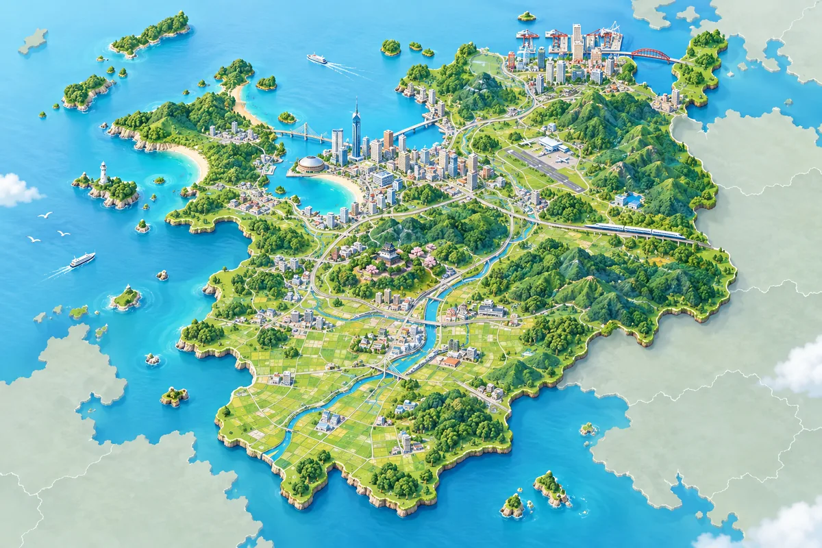 福岡の街並みを描いたイラスト地図
