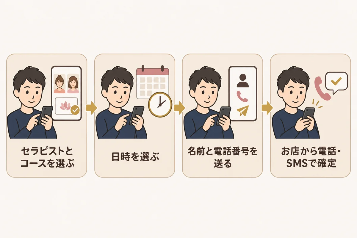 セラピストとコースを選び、日時を選び、お名前と電話番号を送ったあと、お店から電話かSMSで確定の連絡が来るまでの流れを示した図