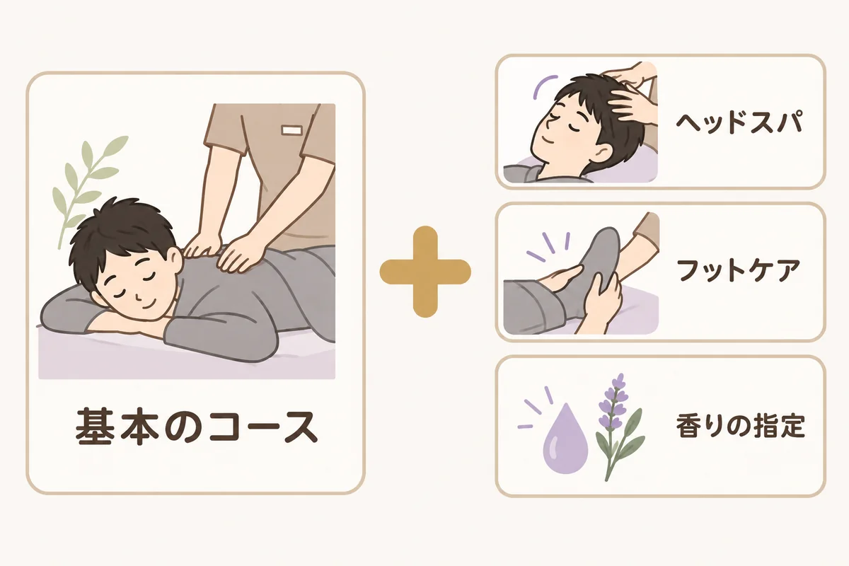 基本のコースに、ヘッドスパやフットケア、香りの指定などのオプションを足していく様子を示した図