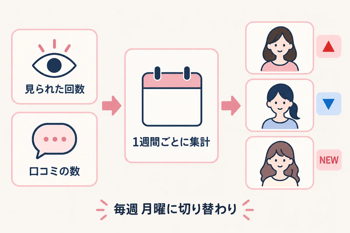 見られた回数と口コミの数を1週間ごとに集計して並べ、順位が上がった人・下がった人・新しく入った人に印が付き、毎週月曜に切り替わることを示した図