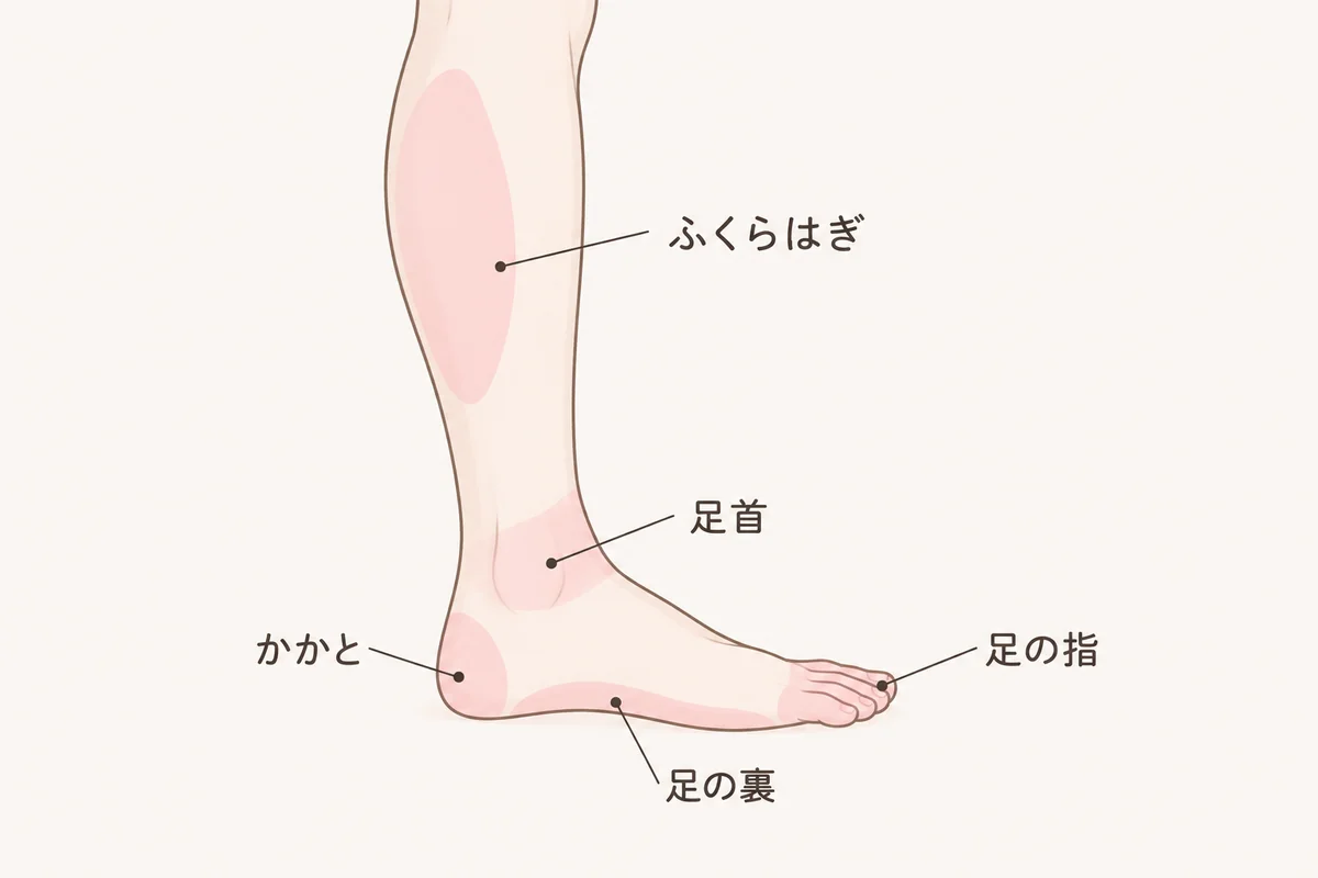 足の裏・足の指・かかと・足首・ふくらはぎのあたりに色を付けて、リフレクソロジーで施術する場所を示した図