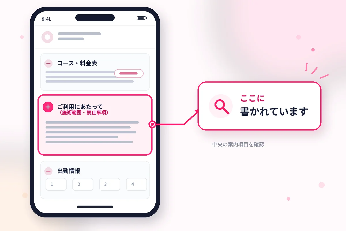 店舗ページのどこに施術範囲が書かれているかを示した図