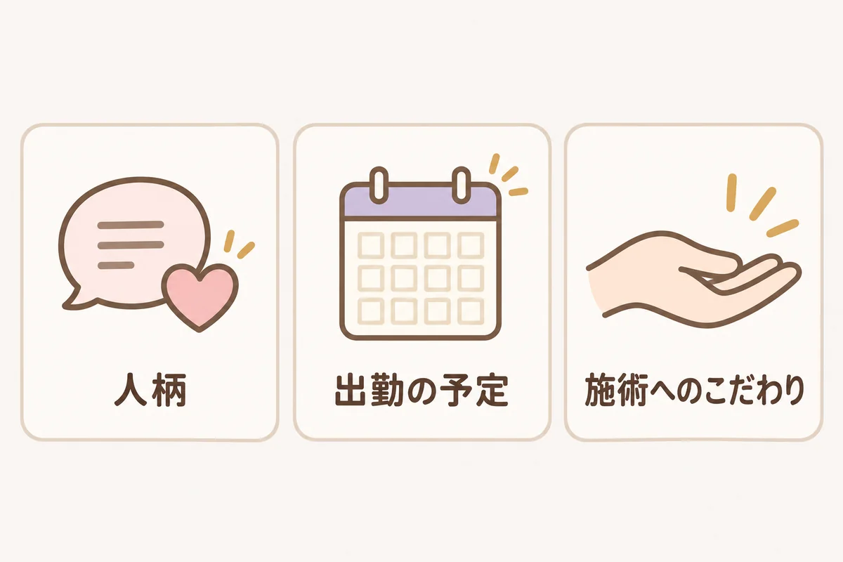 写メ日記から分かることとして、人柄、出勤の予定、施術へのこだわりの三つを並べた図