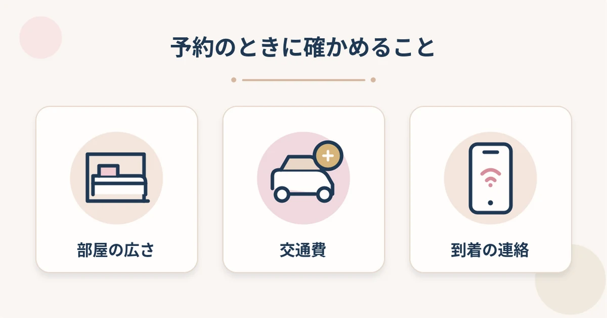 出張型で予約のときに確かめておく、部屋の広さ、交通費、到着の連絡の三つを並べた図