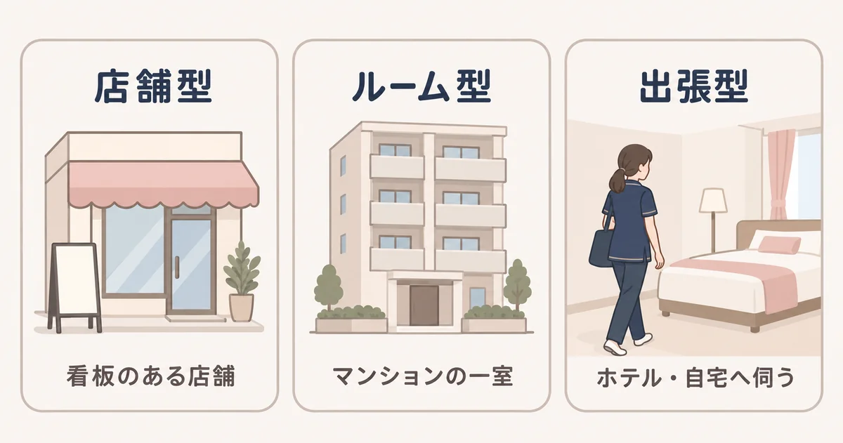 店舗型は看板のある店舗、ルーム型はマンションの一室、出張型はホテルや自宅へ伺う形として、三つを並べた図