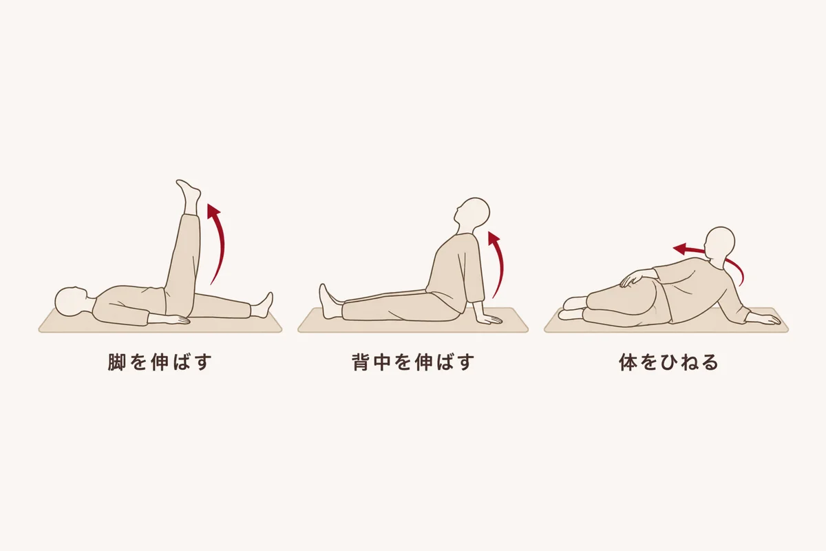 タイ古式でよく行われる、脚を伸ばす・背中を伸ばす・体をひねる、三つの動きを並べた図