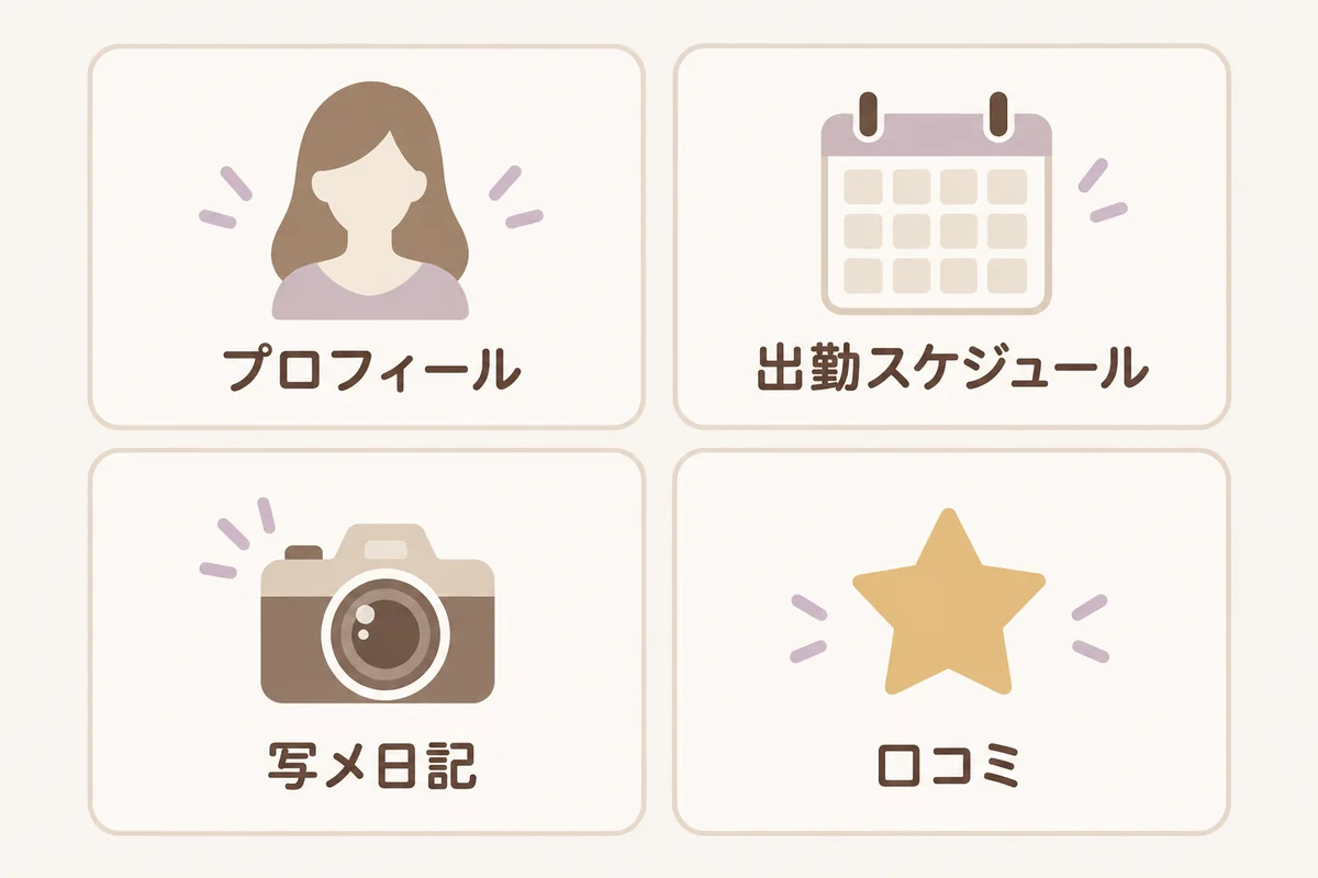 セラピストのページで分かることとして、プロフィール、出勤スケジュール、写メ日記、口コミの四つを並べた図
